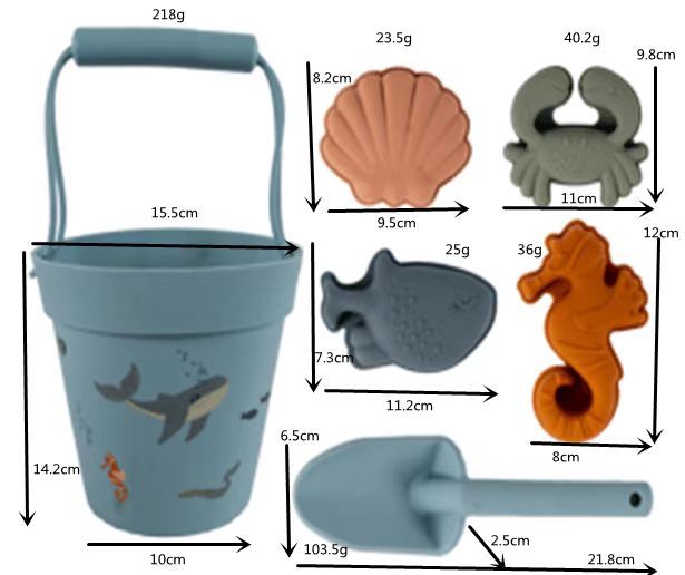 Blue silicone beach bucket set with spade and sea creature moulds