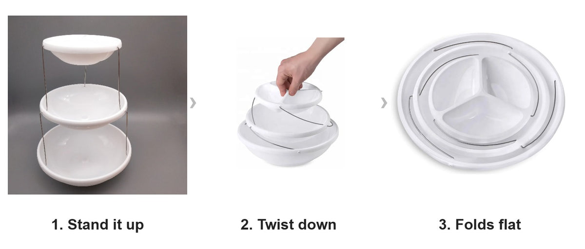 How it folds: stand it up, twist the bowls down, and it folds flat into one bowl