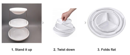 How it folds: stand it up, twist the bowls down, and it folds flat into one bowl