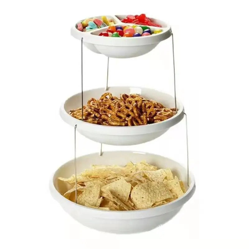 3-tier collapsible snack bowl stand filled with candy, pretzels and chips