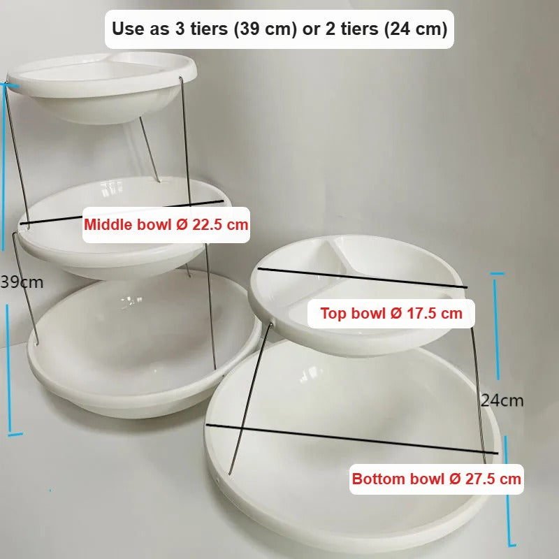 Snack bowl stand sizes: 3 tiers 39 cm high or 2 tiers 24 cm, bowls 17.5, 22.5 and 27.5 cm