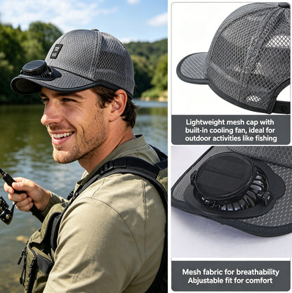 Dark grey solar fan cap with built-in brim fan