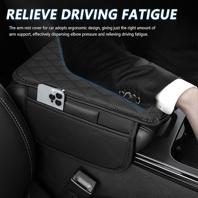 Black quilted car armrest cushion with side pockets