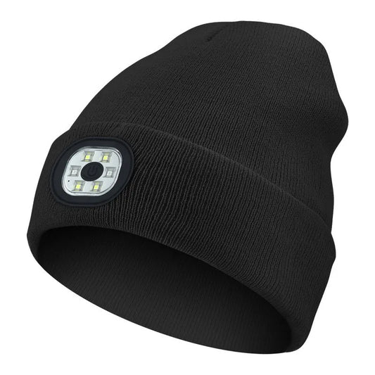USB Rechargeable Winter Beanie Hat with 6-LED Head Light – Black