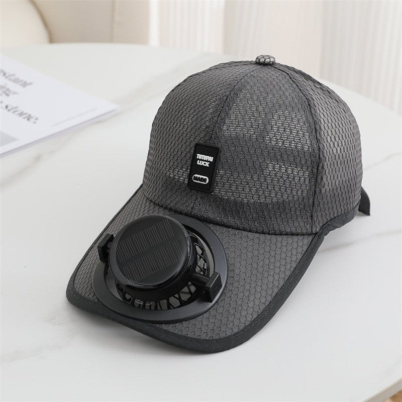Dark grey solar fan cap with built-in brim fan