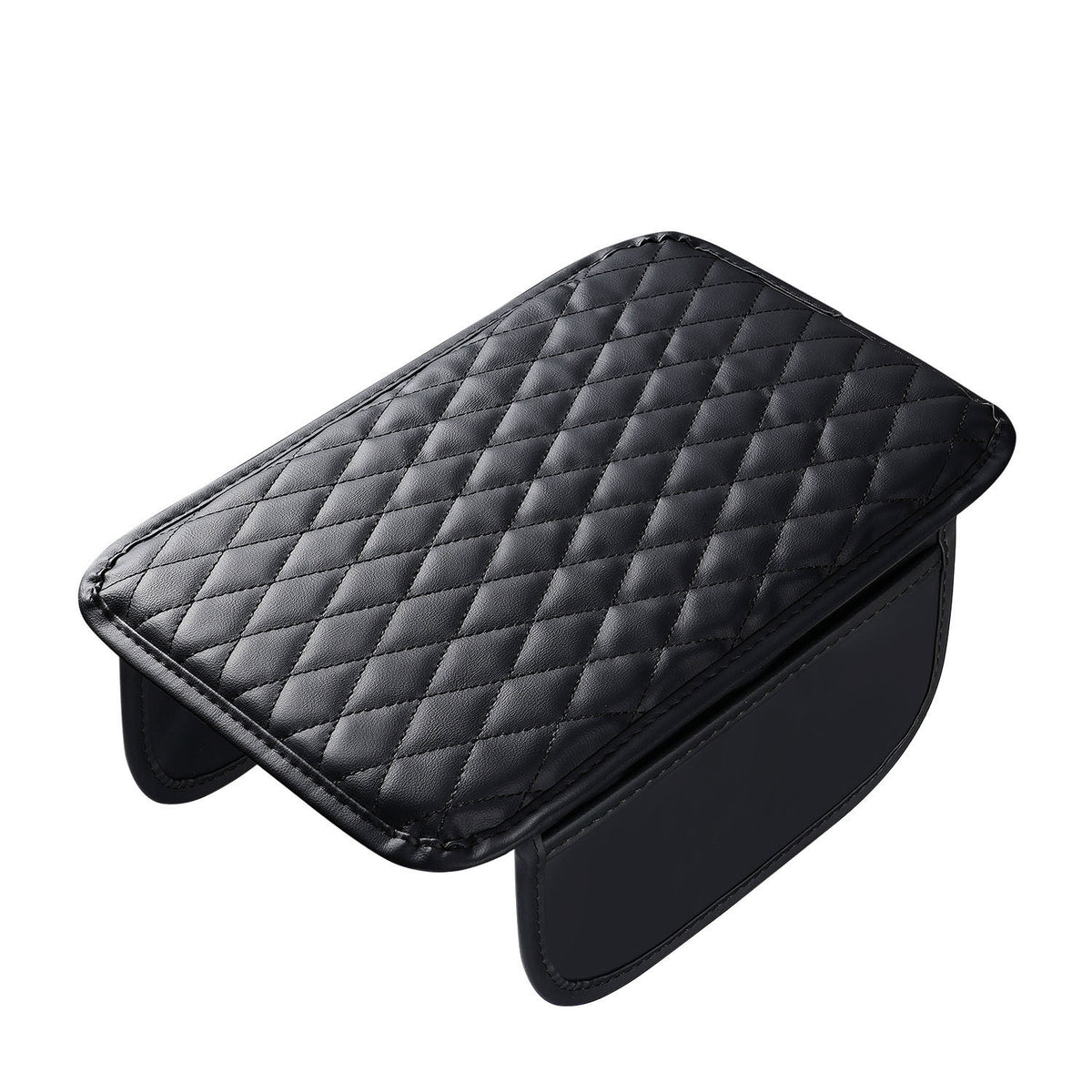 Black quilted car armrest cushion with side pockets