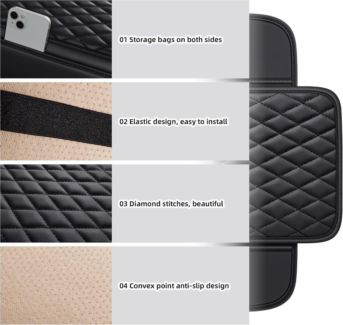 Black quilted car armrest cushion with side pockets