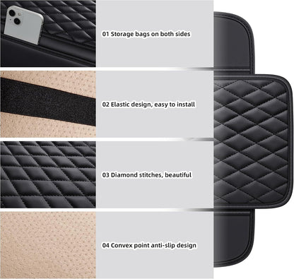 Black quilted car armrest cushion with side pockets