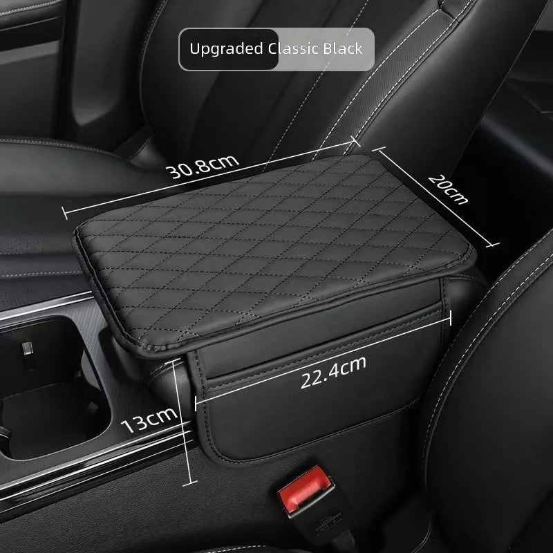 Black quilted car armrest cushion with side pockets