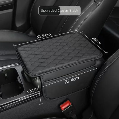 Black quilted car armrest cushion with side pockets