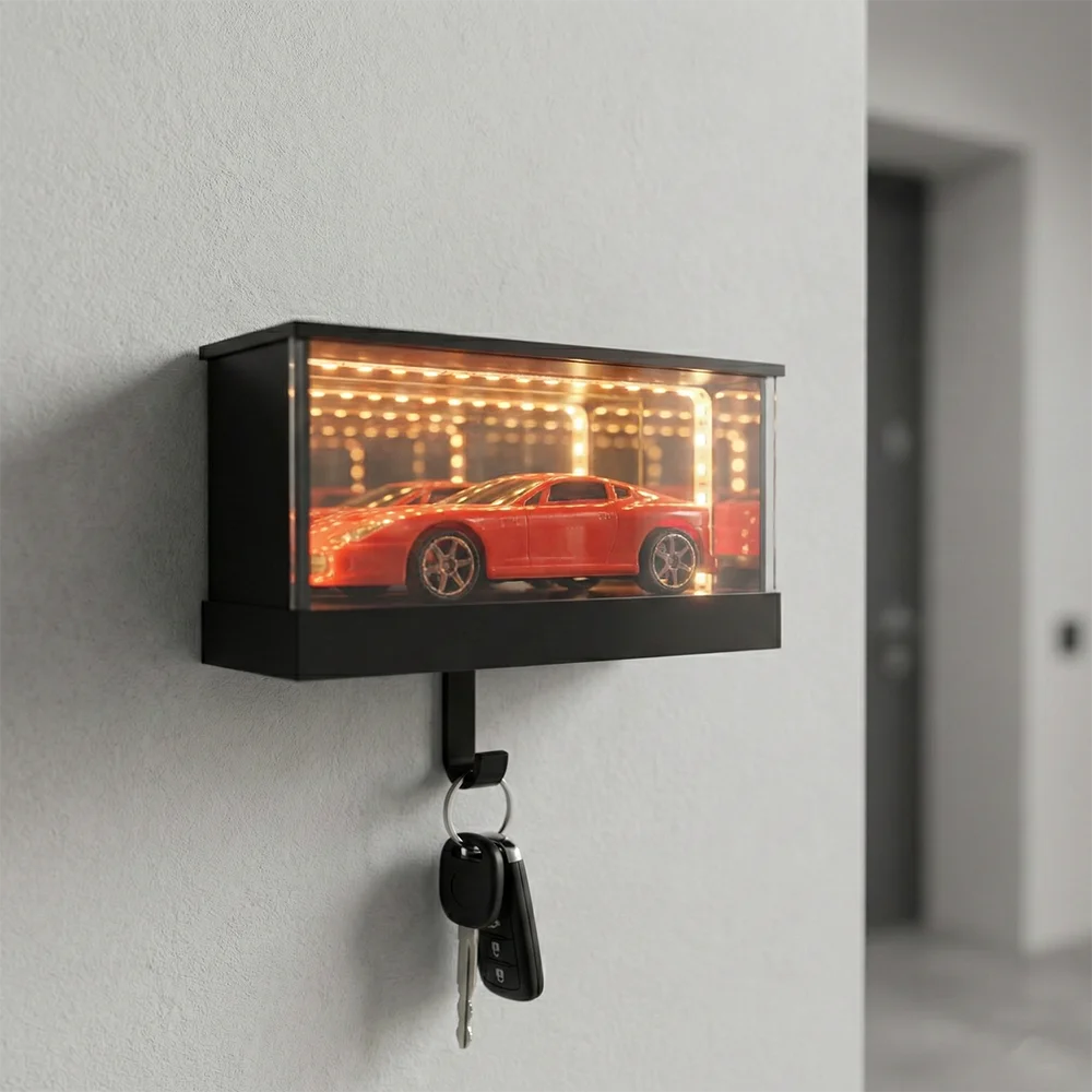 Infinity Mirror Car Display Key Holder – Wall LED Garage Tunnel for 1:64 Model Cars