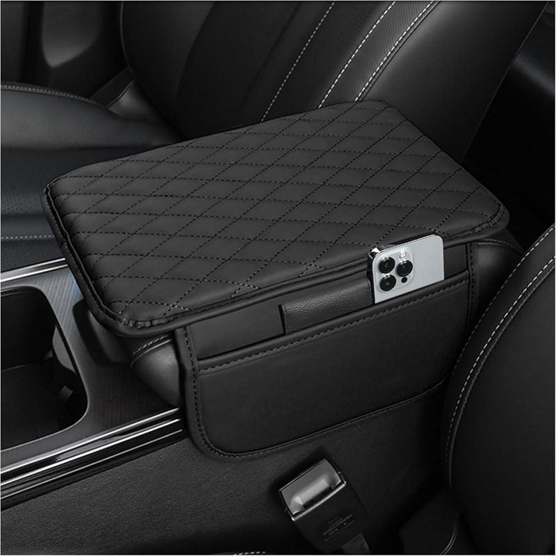 Black quilted car armrest cushion with side pockets