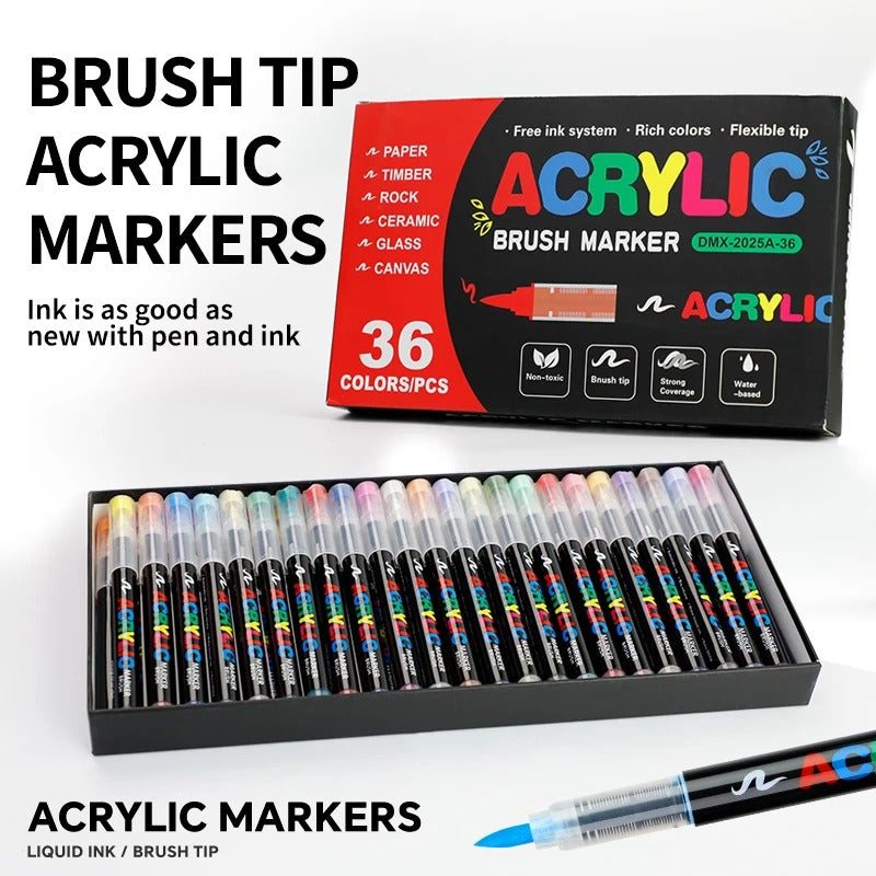 Acrylic brush markers 36 colors set with box
