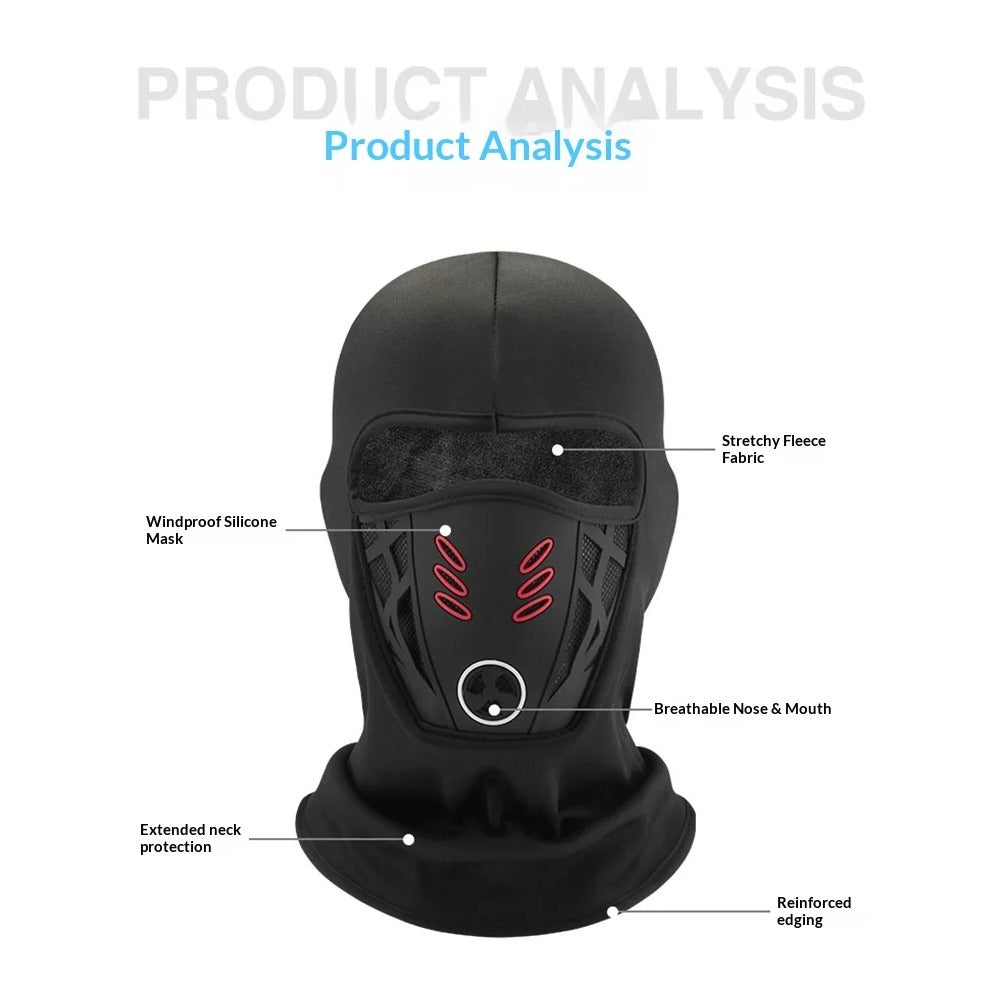 Product details – fleece fabric, silicone mask, extended neck