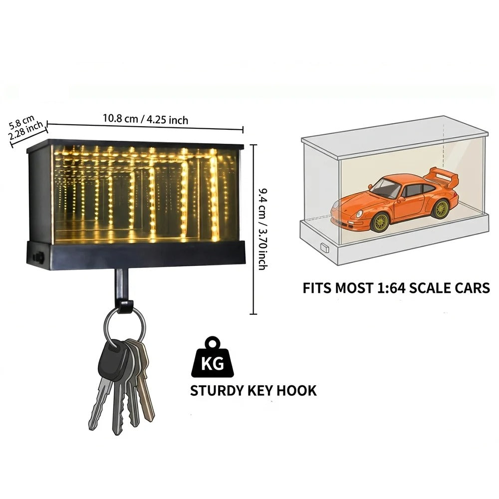 Infinity Mirror Car Display Key Holder – Wall LED Garage Tunnel for 1:64 Model Cars