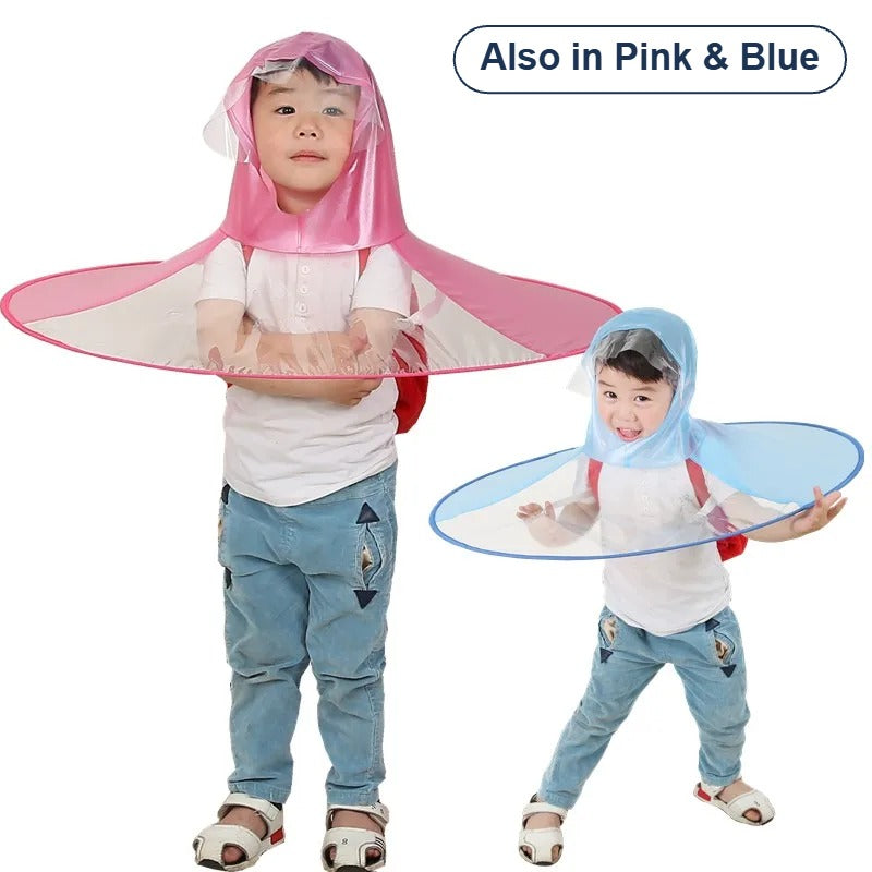 Pink and blue rain ponchos worn by kids