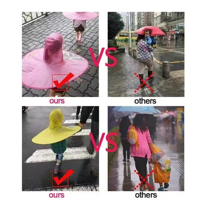 Poncho keeps kids and backpack dry compared to an umbrella