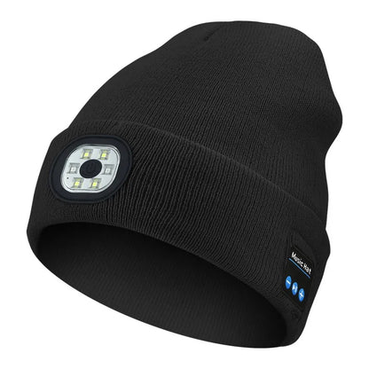 USB Rechargeable Winter Hat Bluetooth Music Beanie with 6-LED Head Light – Black
