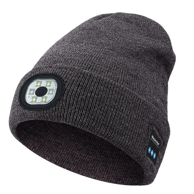 USB Rechargeable Winter Hat Bluetooth Music Beanie with 6-LED Head Light – Dark Gray