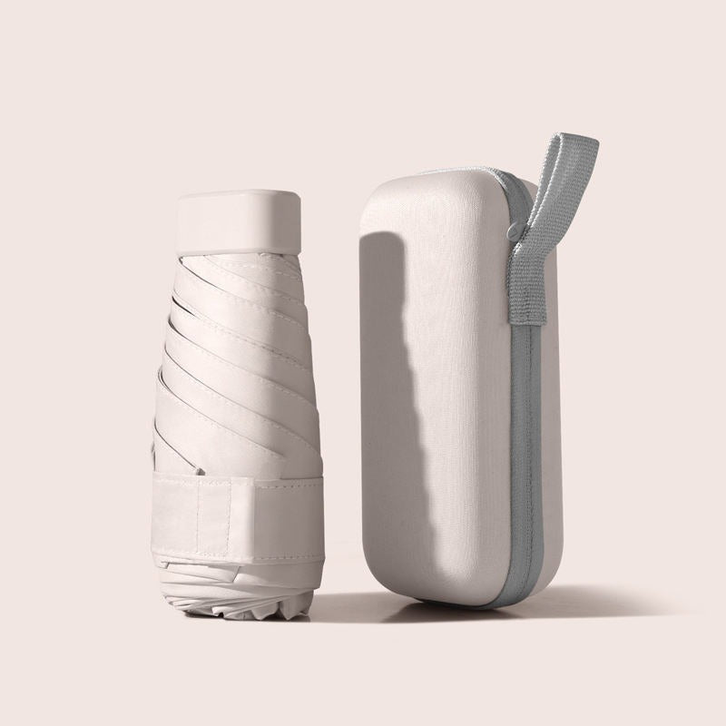 Mini capsule umbrella next to its zipped carry case