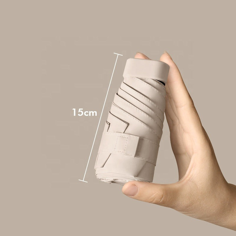 Folded mini umbrella measuring about 15 cm in the hand