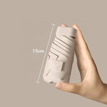 Folded mini umbrella measuring about 15 cm in the hand