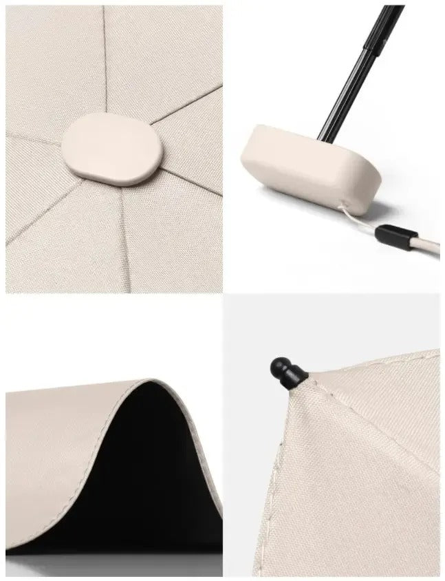Close-up of the umbrella top cap, handle with wrist cord, black coating and stitching