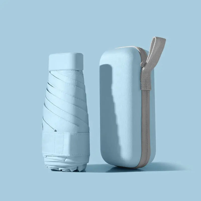 Light blue mini capsule umbrella with matching light blue zipped case