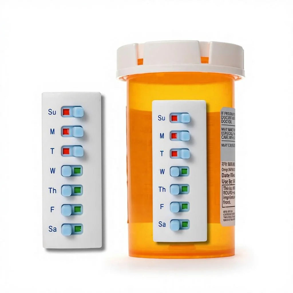 Reusable 7-day pill tracker strip next to a pill bottle with one attached