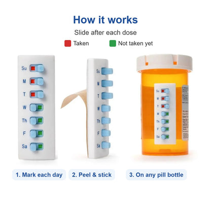 How it works: slide after each dose, peel-and-stick back, fits on a pill bottle