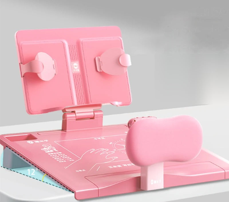 Pink posture correction writing board with book stand and chest support
