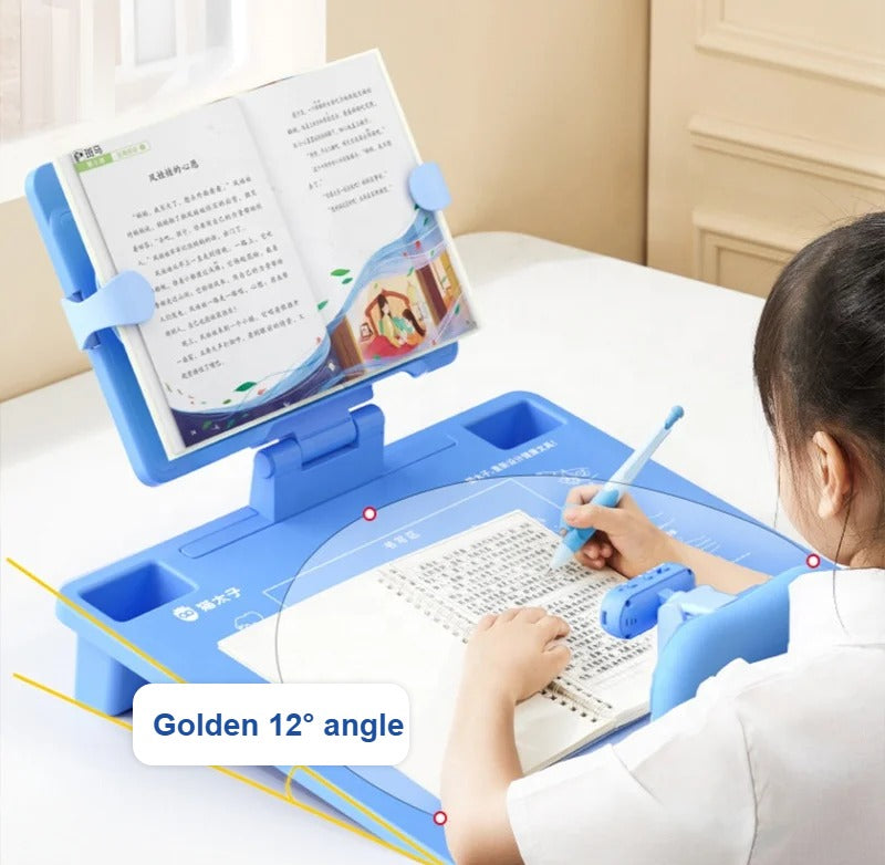 Child writing upright with the book held at eye level