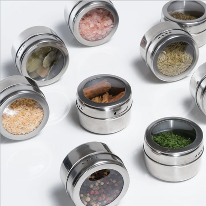 Stainless Steel Magnetic Spice Jars With Stand (Set Of 6)