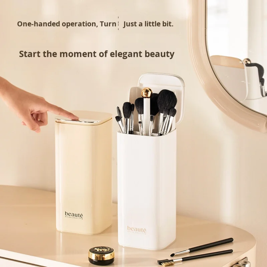 Makeup brush organizer press-to-lift