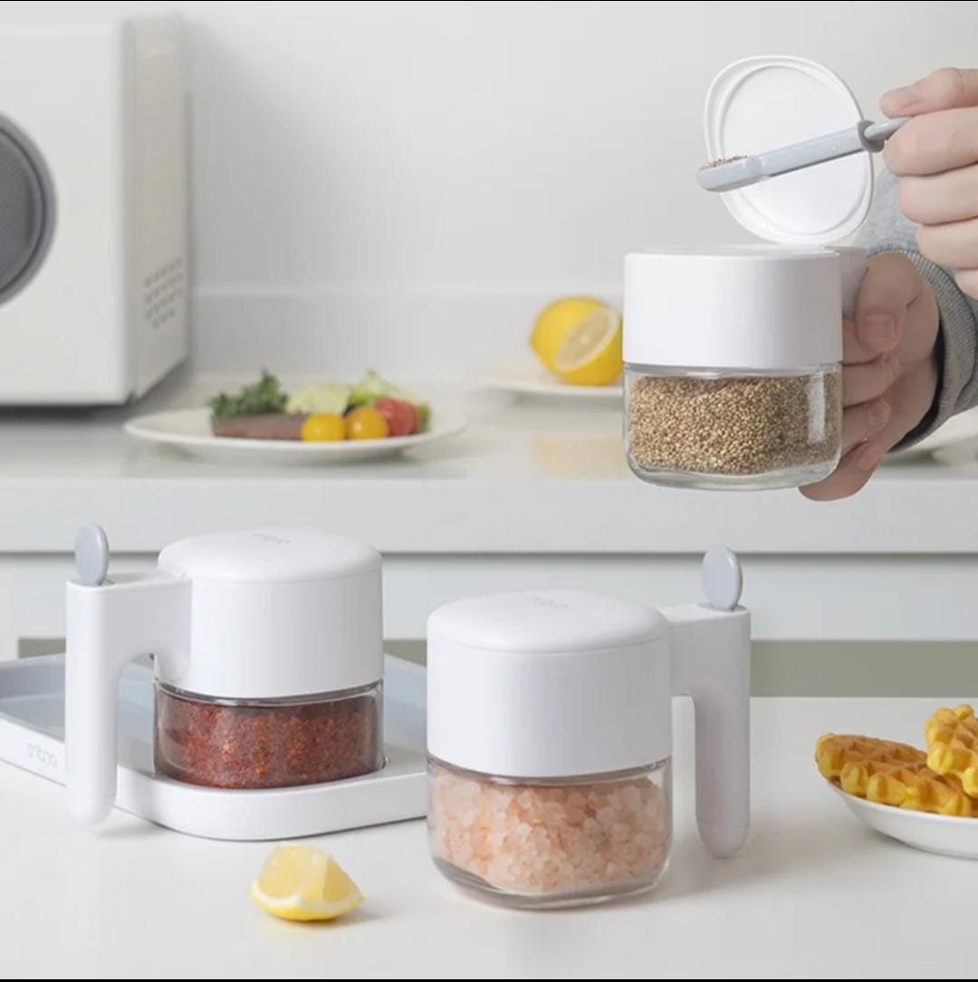 Glass Spice Container with Built-In Spoon and Flip Lid set of 3-Piece