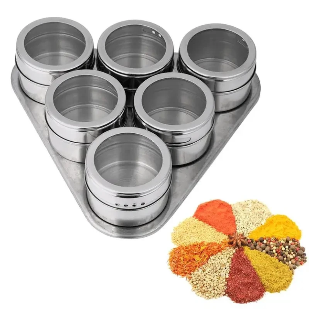 Stainless Steel Magnetic Spice Jars with Stand - Set of 6-Pieces
