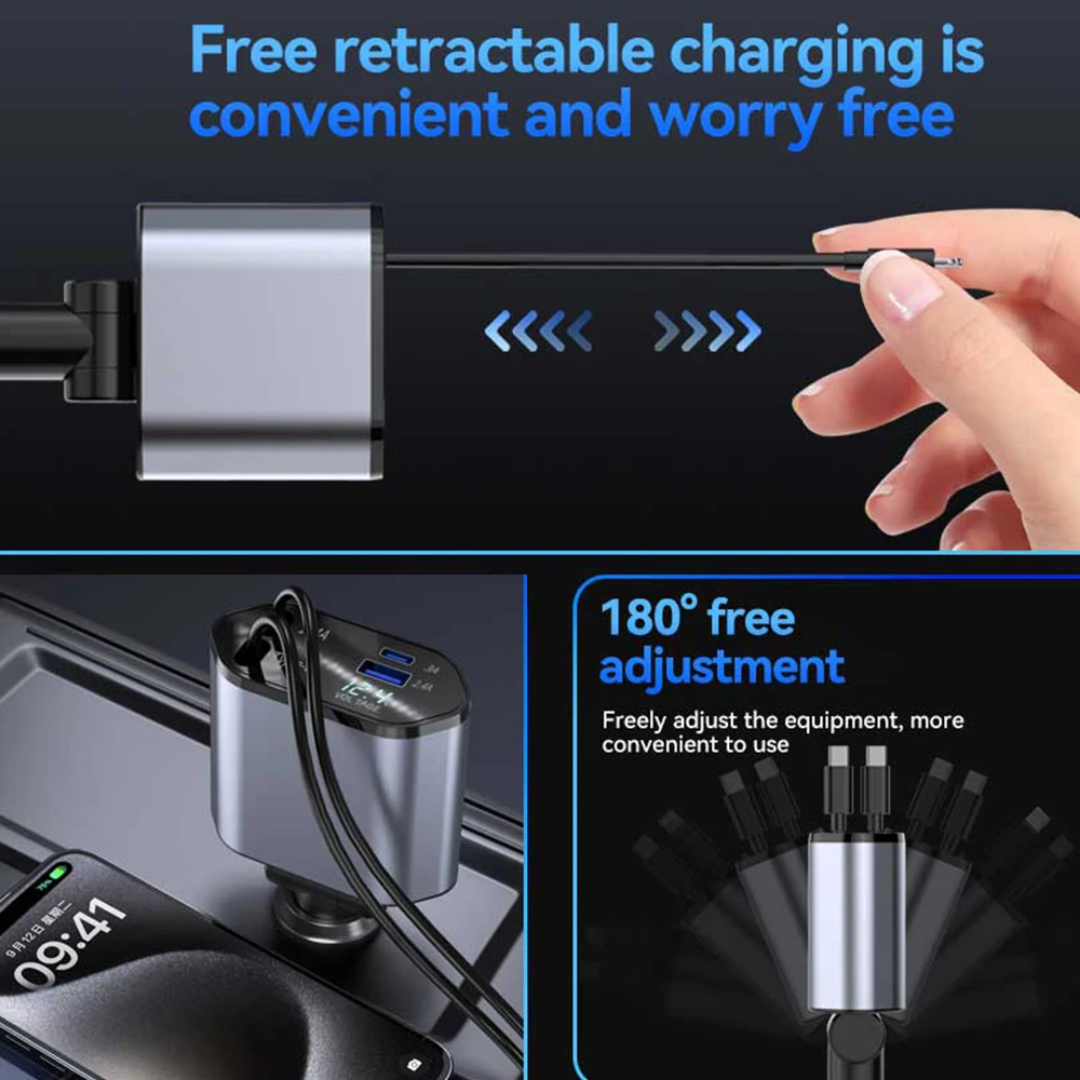 Retractable Car Charger – Dual Port USB-C Fast Charger