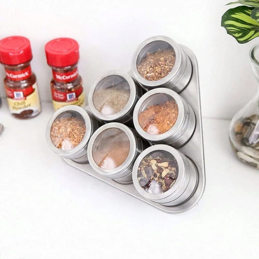 Stainless steel magnetic spice jars with stand - set of 6-piece