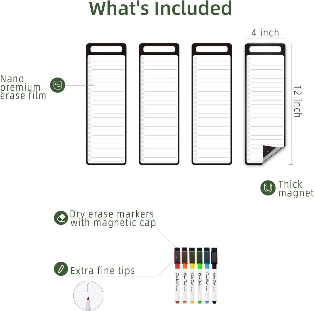 Magnetic dry erase list board fridge 4 papers 6 pen