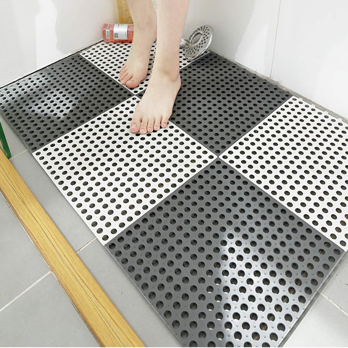 Non Slip Drainage Floor Tiles, 30*30 cm Soft PVC Bath Shower Floor Mat for Bathroom, Kitchen, Pool, Wet Areas
