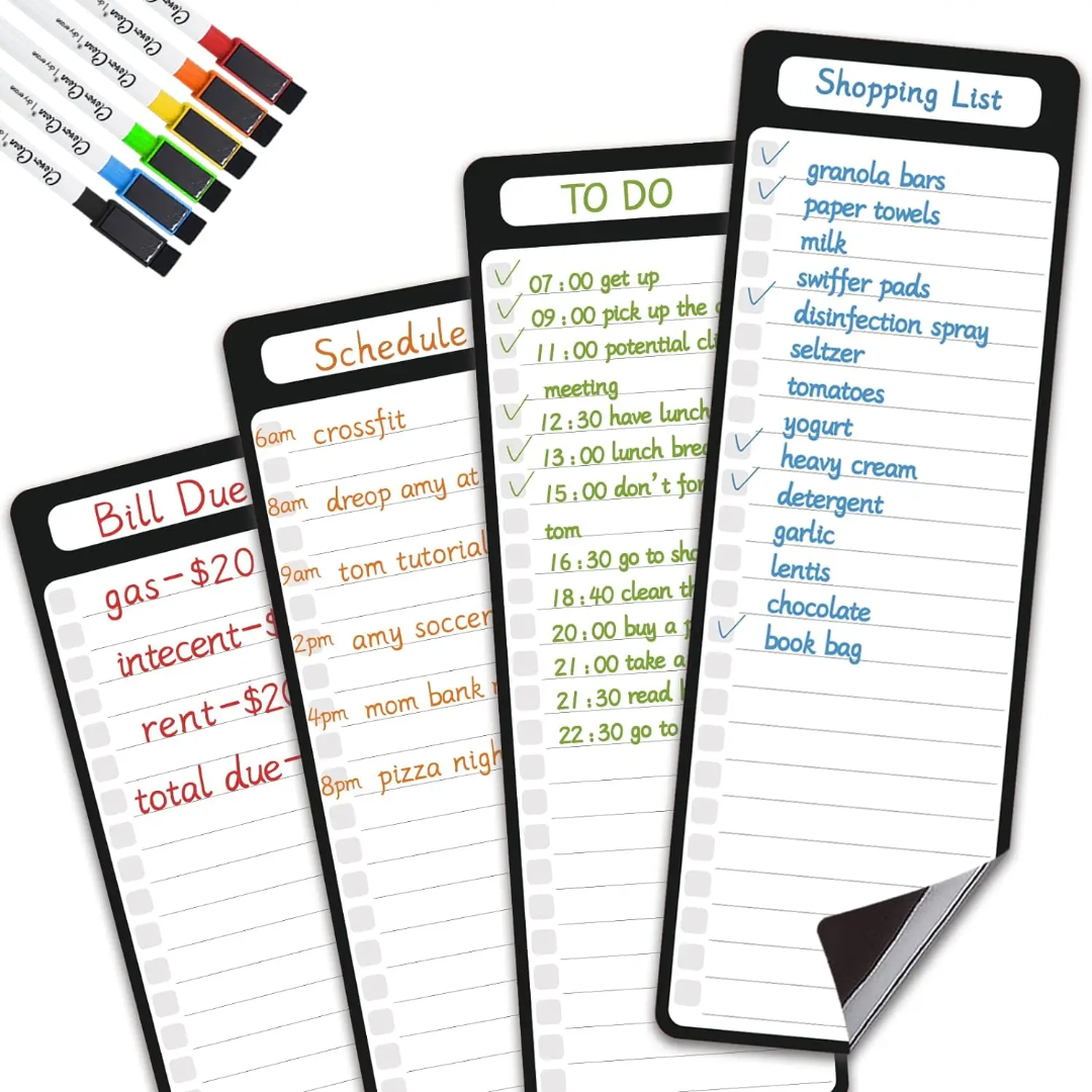 Magnetic dry erase list board fridge 4 papers 6 pen