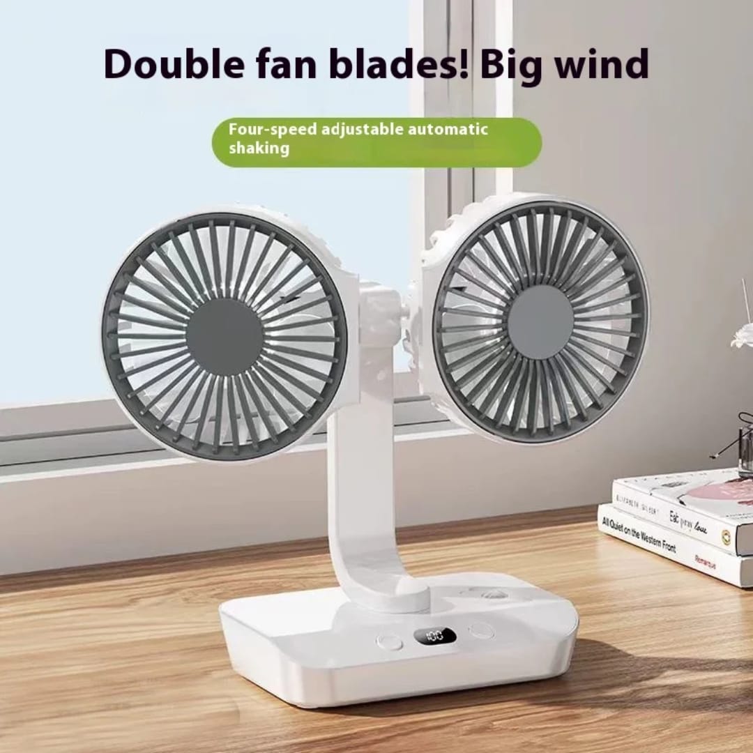 Portable dual-head fan rechargeable 4-speed 360 degree coverage
