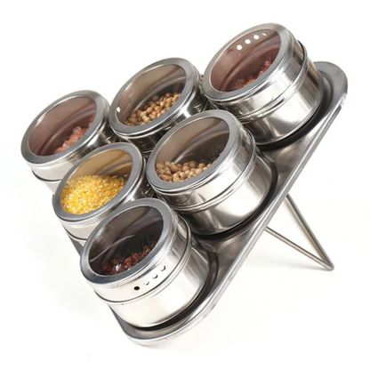 Stainless Steel Magnetic Spice Jars With Stand (Set Of 6)