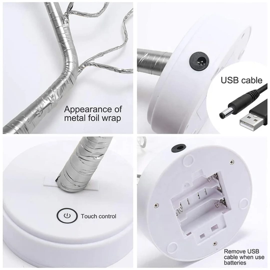 108 LED tree lamp details: metal foil wrap, USB cable, touch control, battery box