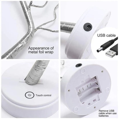 108 LED tree lamp details: metal foil wrap, USB cable, touch control, battery box