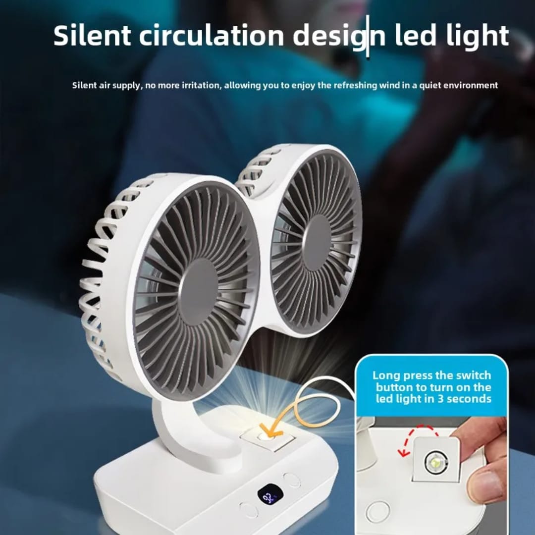 Portable dual-head fan rechargeable 4-speed 360 degree coverage