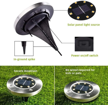 Solar Garden Ground Light – 8 LEDs, Waterproof, Warm White (Set Of 4)