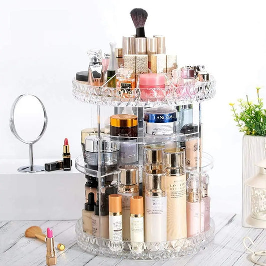 360° Rotating Makeup Organizer – Clear, Adjustable Shelves