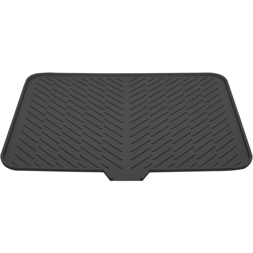 Black silicone dish drying mat with drain lip