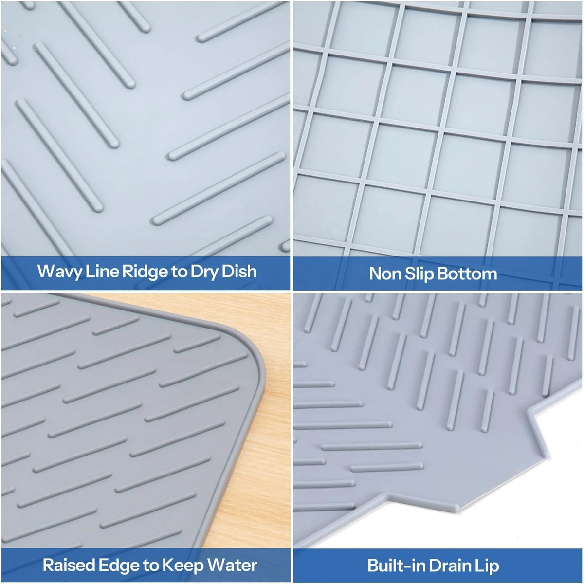 Wavy ridges, non-slip bottom, raised edge and drain lip